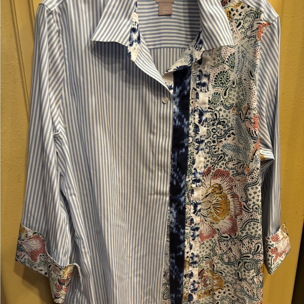 Chico's Light Blue and White Striped Button-Down Shirt